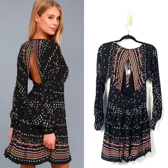 Free People OB736059 Coryn Long Sleeve Mini Dress in Black Combo Size 4 - Picture 2 of 11